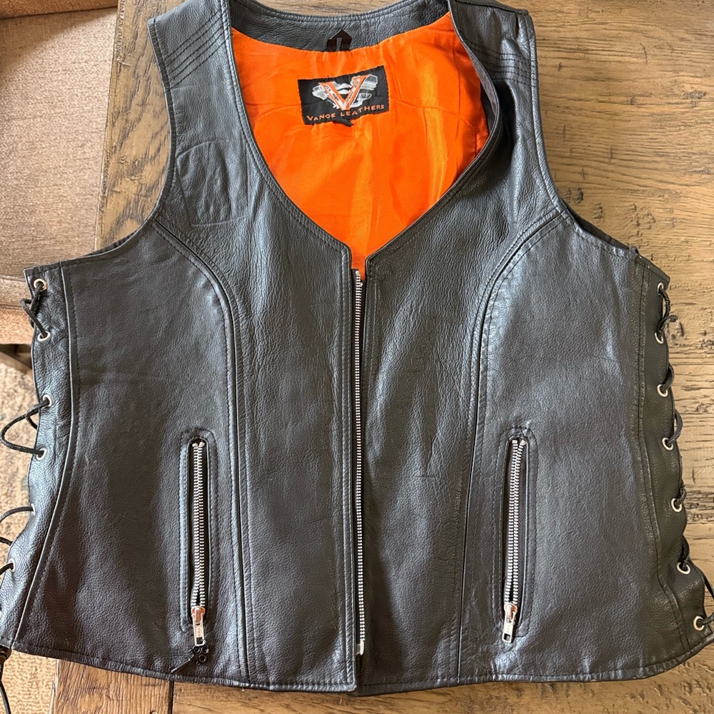 Black Leather Vest with Orange Lining